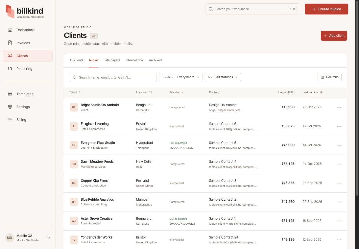 Current Billkind clients table with search, filters and fictional contact records