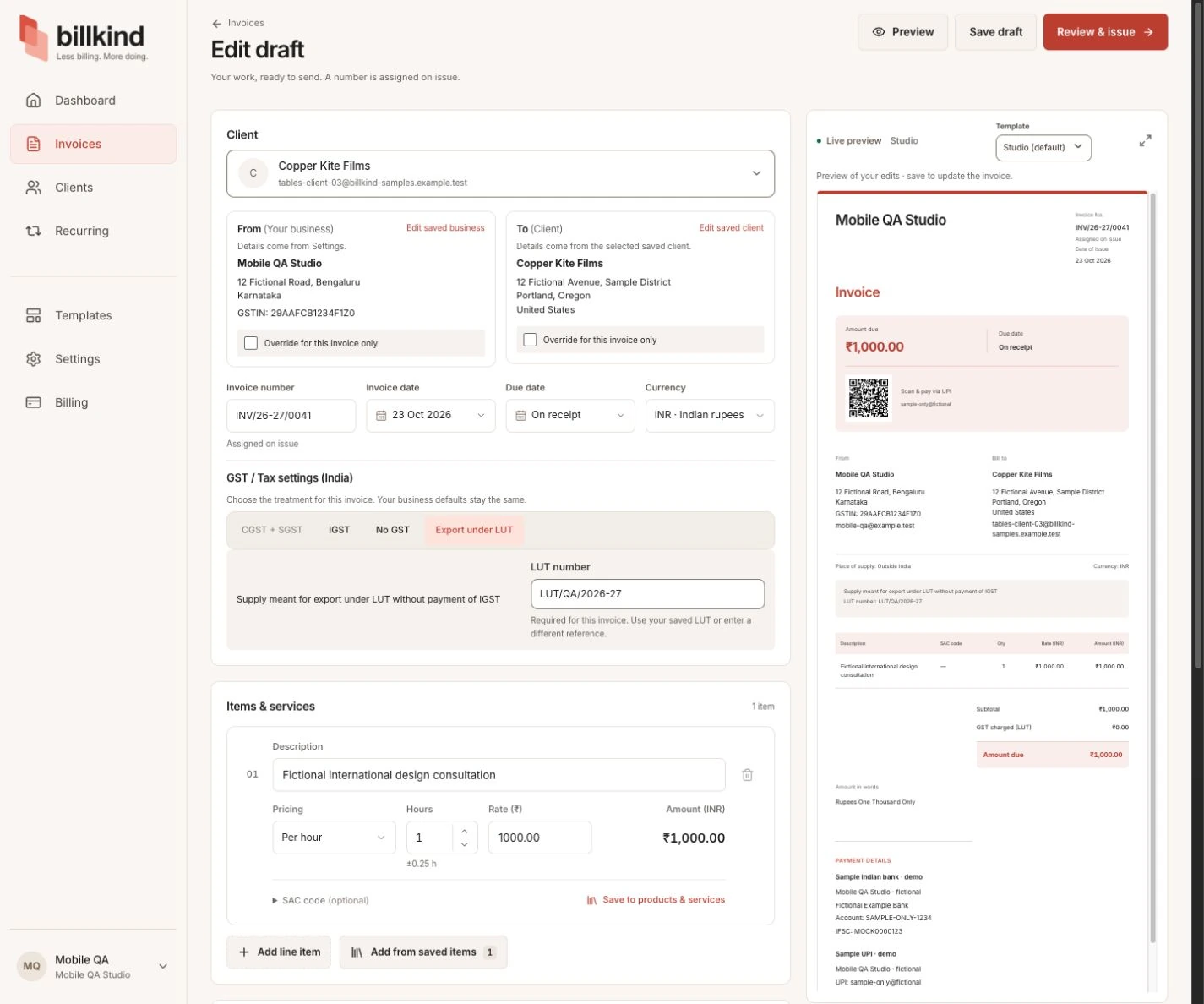 Current invoice editor with GST/LUT and hourly pricing controls