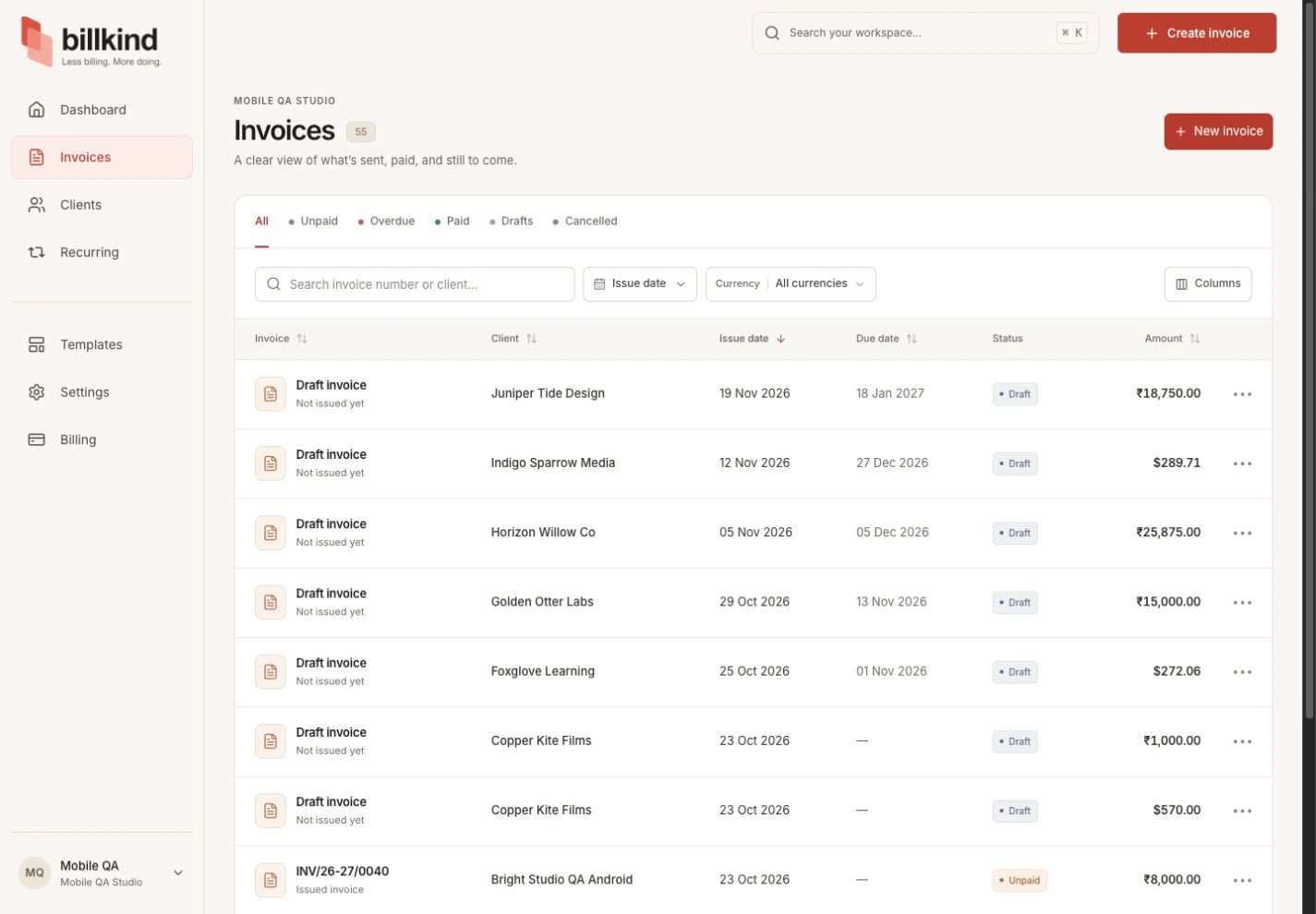 Current Billkind invoice table with search, filters, pagination and fictional clients
