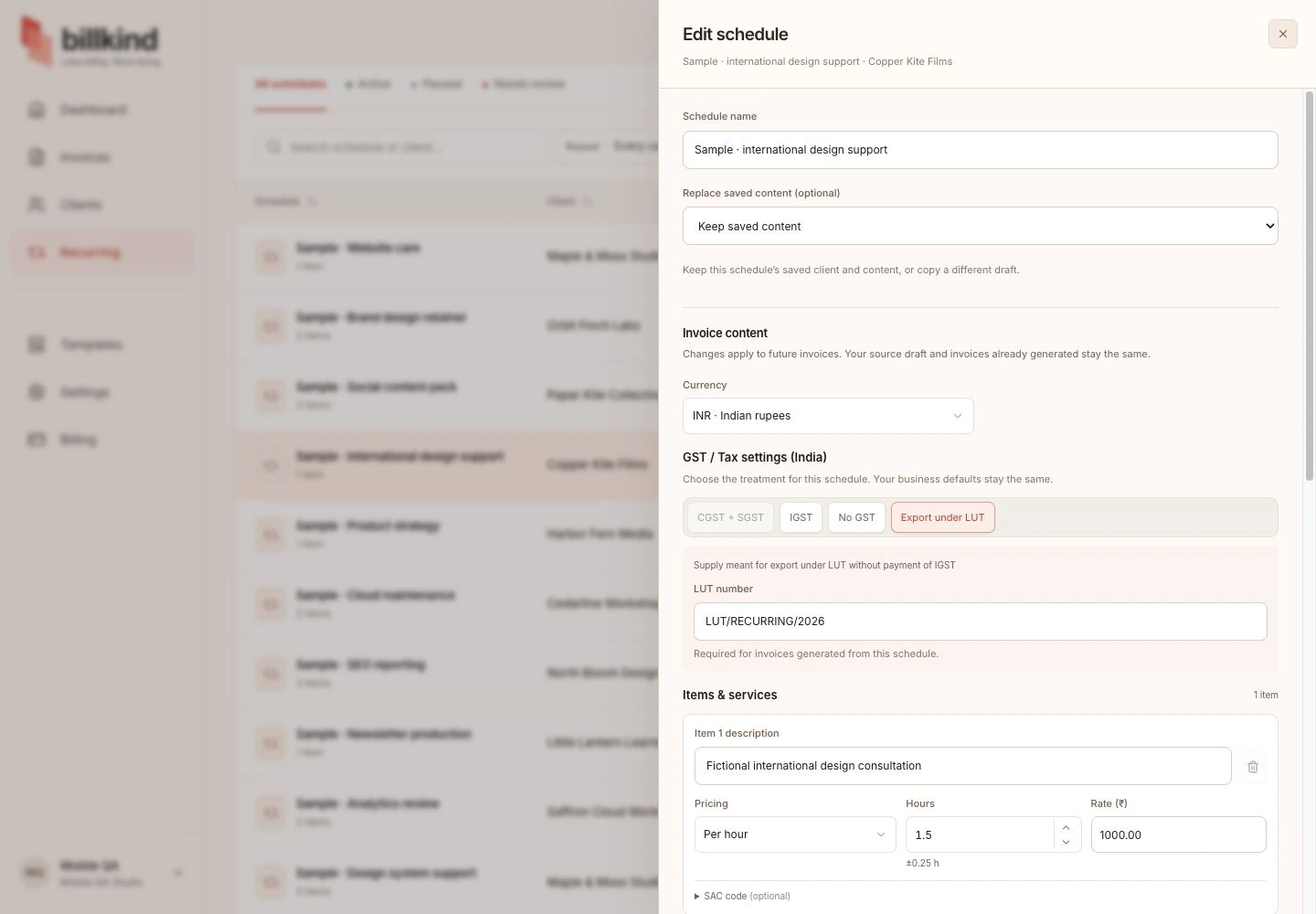 Current recurring recipe editor with LUT number, hourly quantity and explicit activation