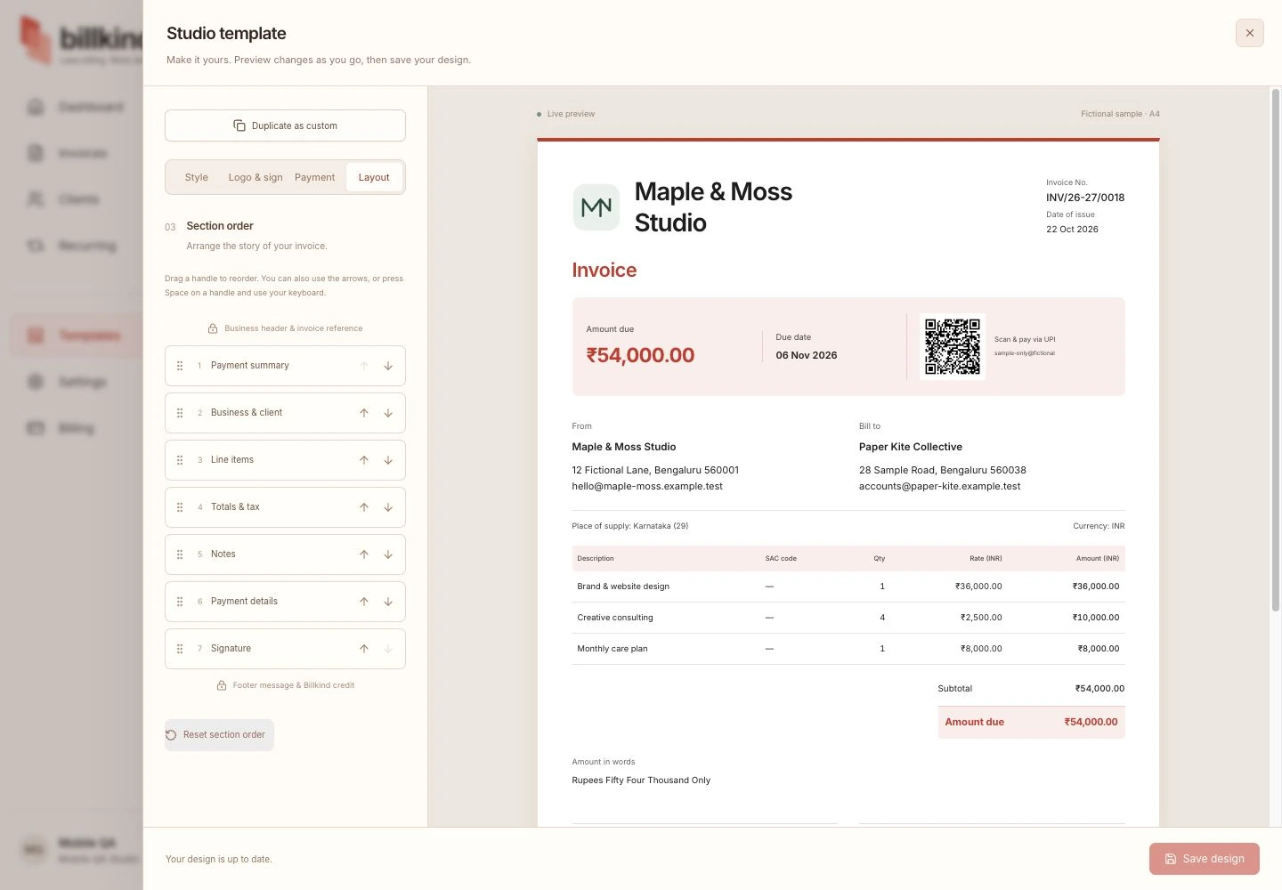 Current Billkind custom template editor with live invoice preview