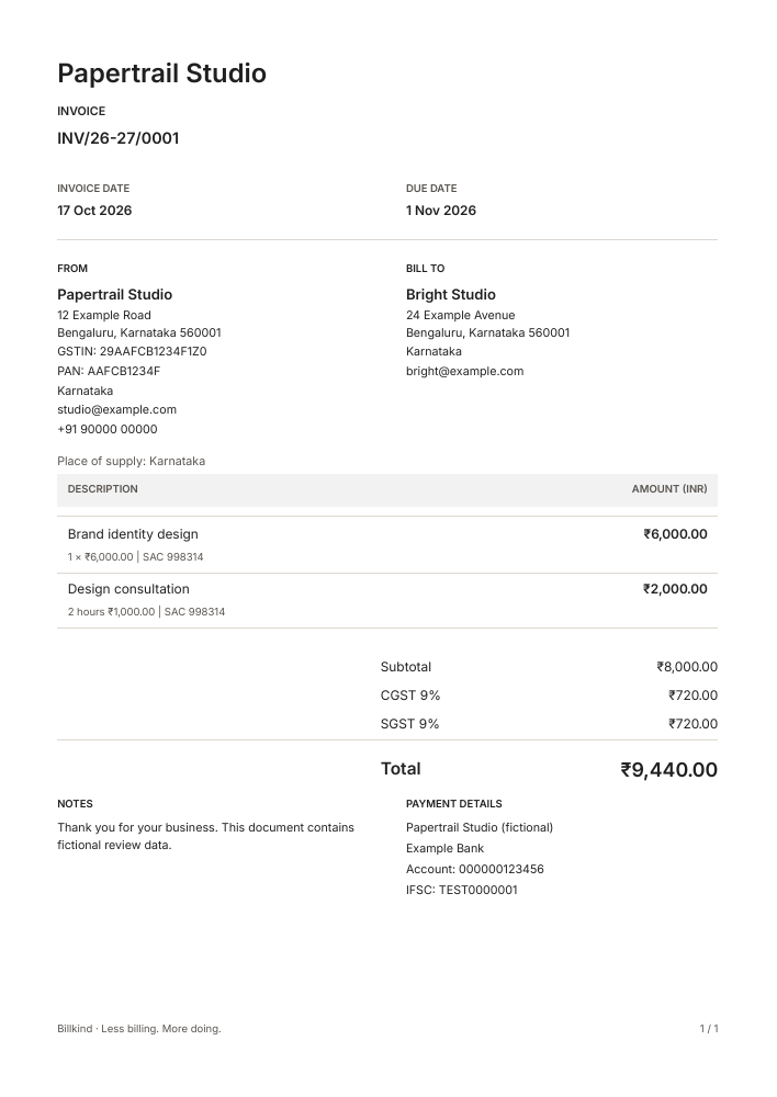 Full Compact sample invoice, with fictional parties and amounts