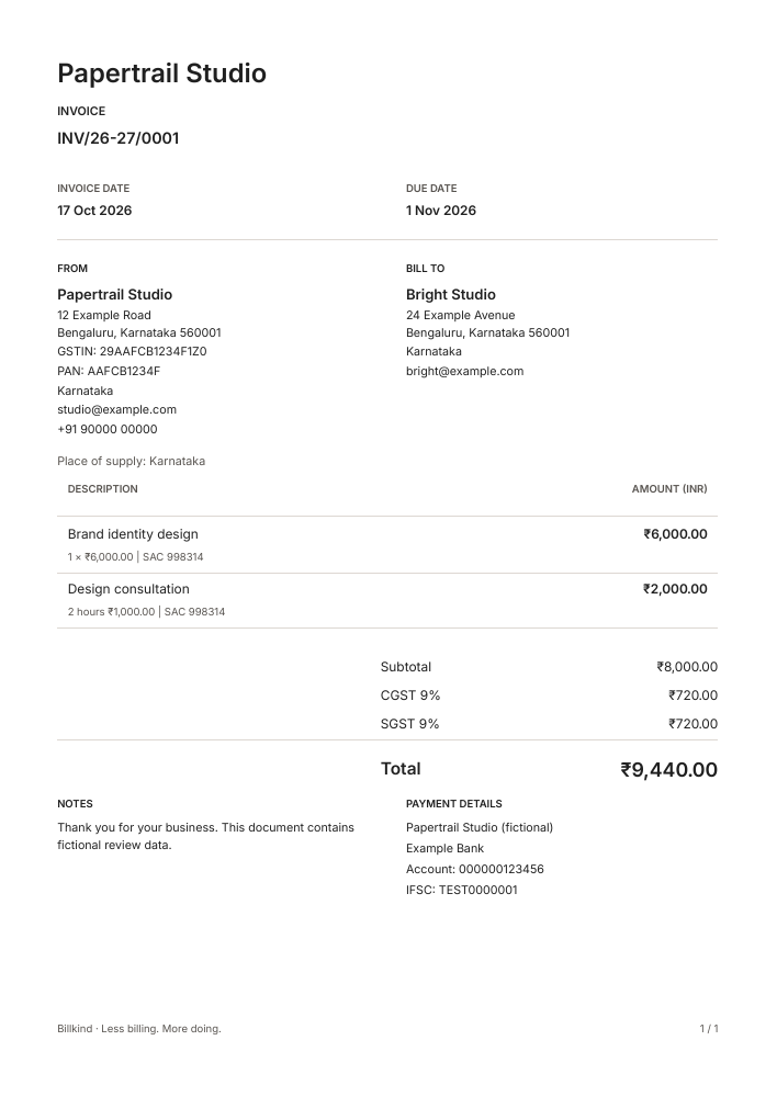 Full Clean sample invoice, with fictional parties and amounts