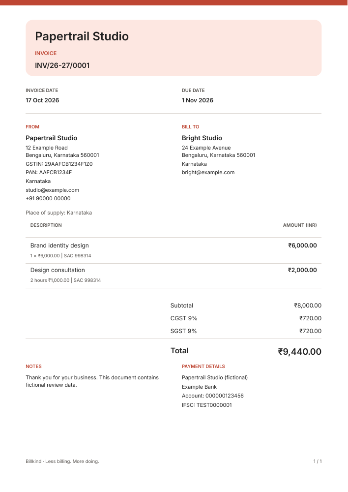 Full Studio sample invoice, with fictional parties and amounts